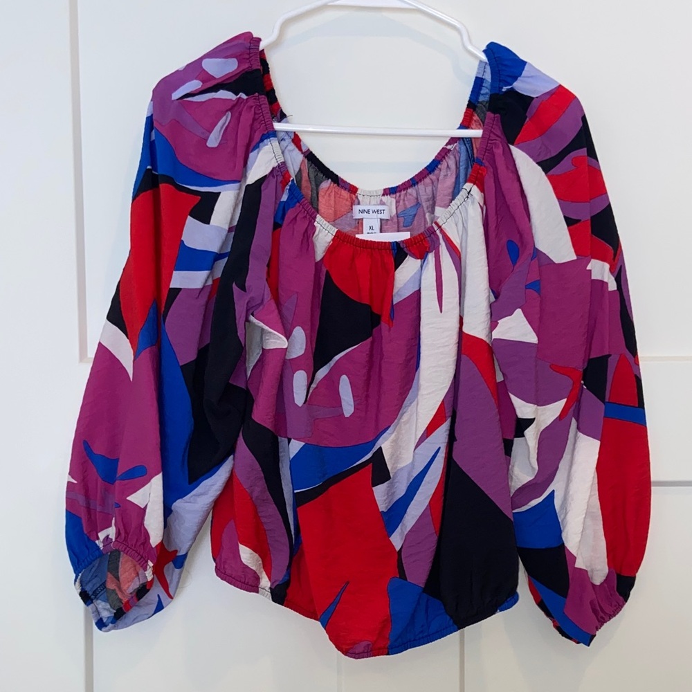 XL Nine West Multicolor Abstract Off-Shoulder Peasant Top - Purple/Red/Blue